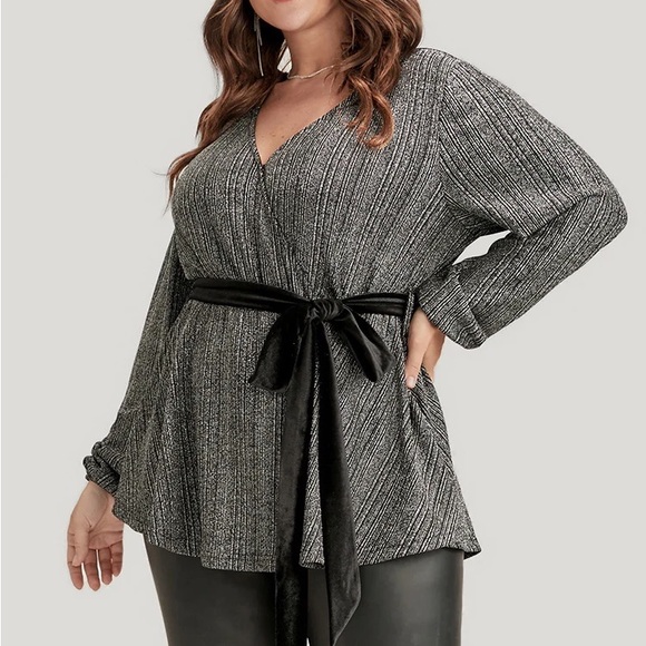 NWT belted glitter lantern sleeve blouse - Picture 4 of 10